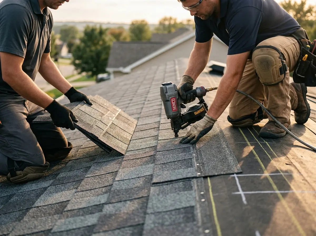 Professional roofer working on a residential roof in Zachary